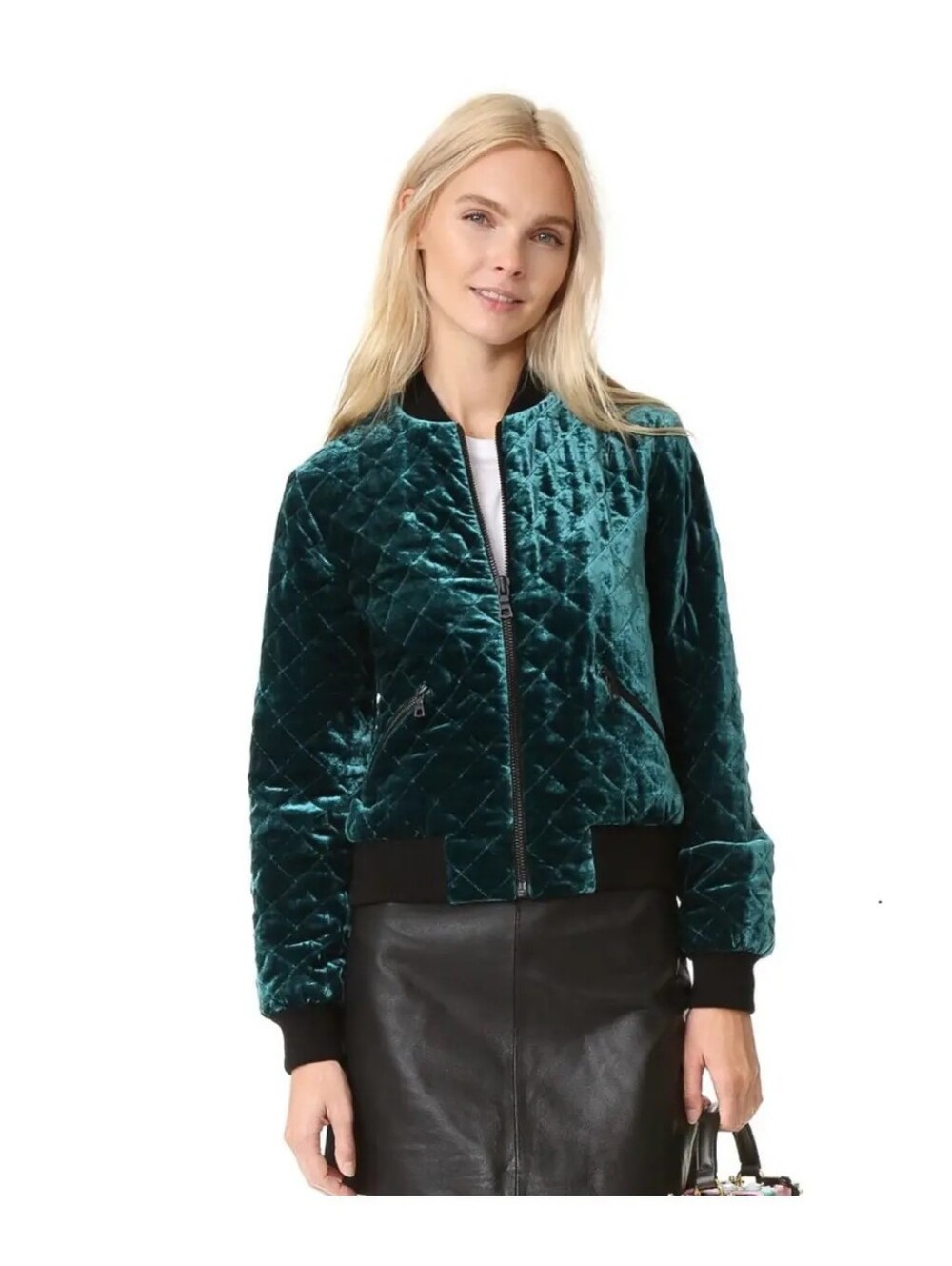 Alice + Olivia Quilted Velvet Bomber Jacket - Teal Silk Demia Jacket Xs Small